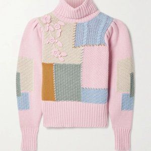 LoveShackFancy Allan Appliquéd Patchwork Knit Turtleneck Pullover Jumper Pink XS